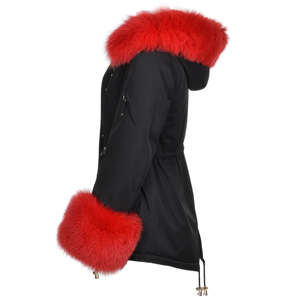 Short Hooded Toscana Tipped Fox Fur Parka With Fur Trim Lining Black/red: - Image 2