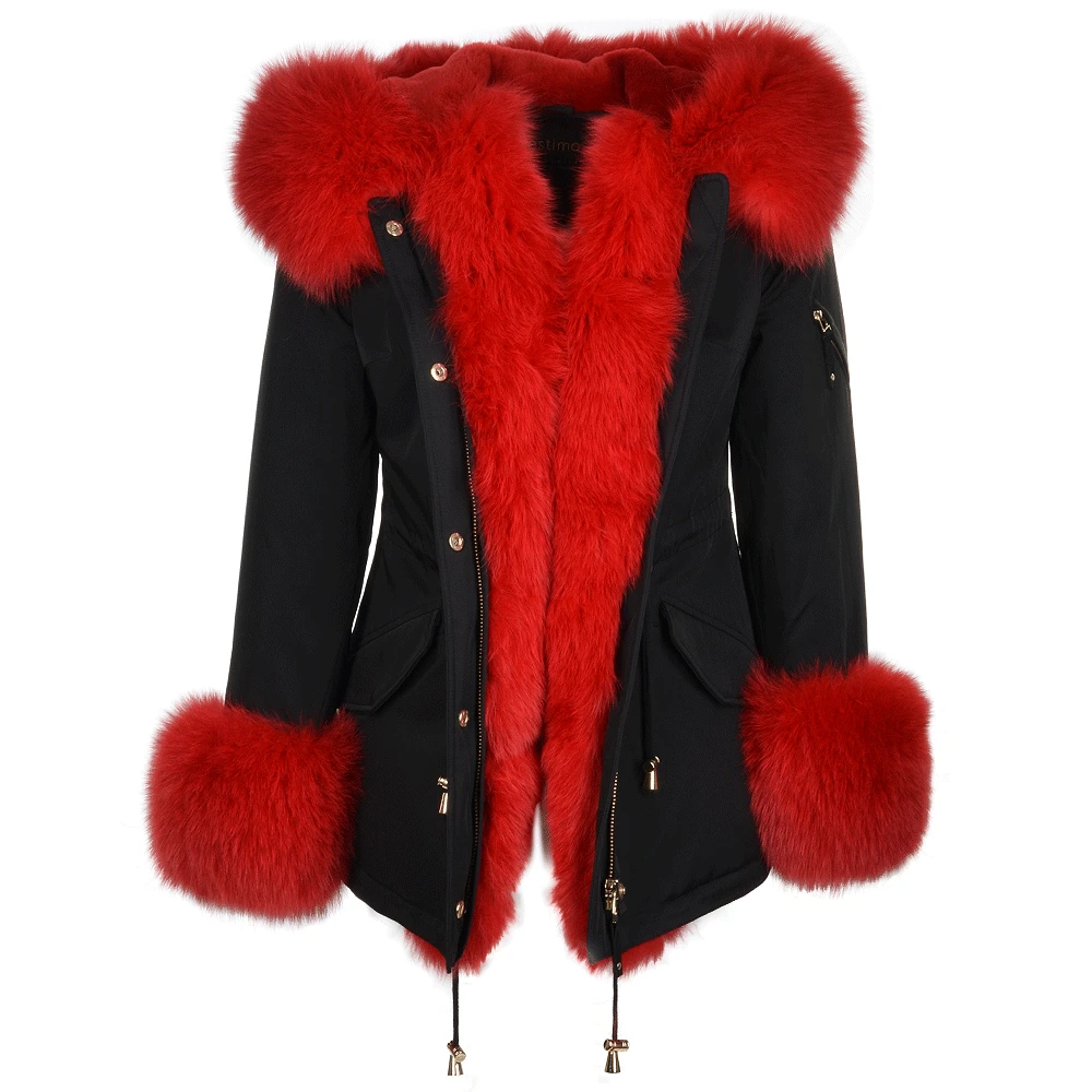 Short Hooded Toscana Tipped Fox Fur Parka With Fur Trim Lining Black/red: - Image 3