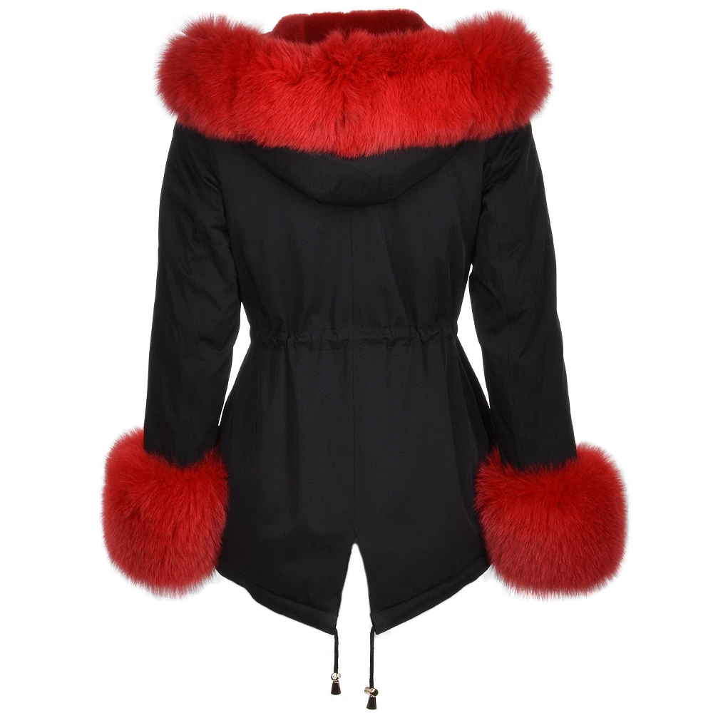 Short Hooded Toscana Tipped Fox Fur Parka With Fur Trim Lining Black/red: - Image 4
