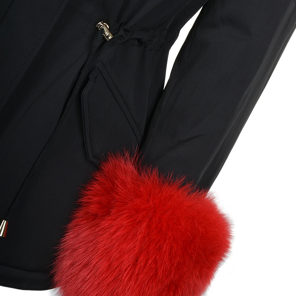 Short Hooded Toscana Tipped Fox Fur Parka With Fur Trim Lining Black/red: - Image 5