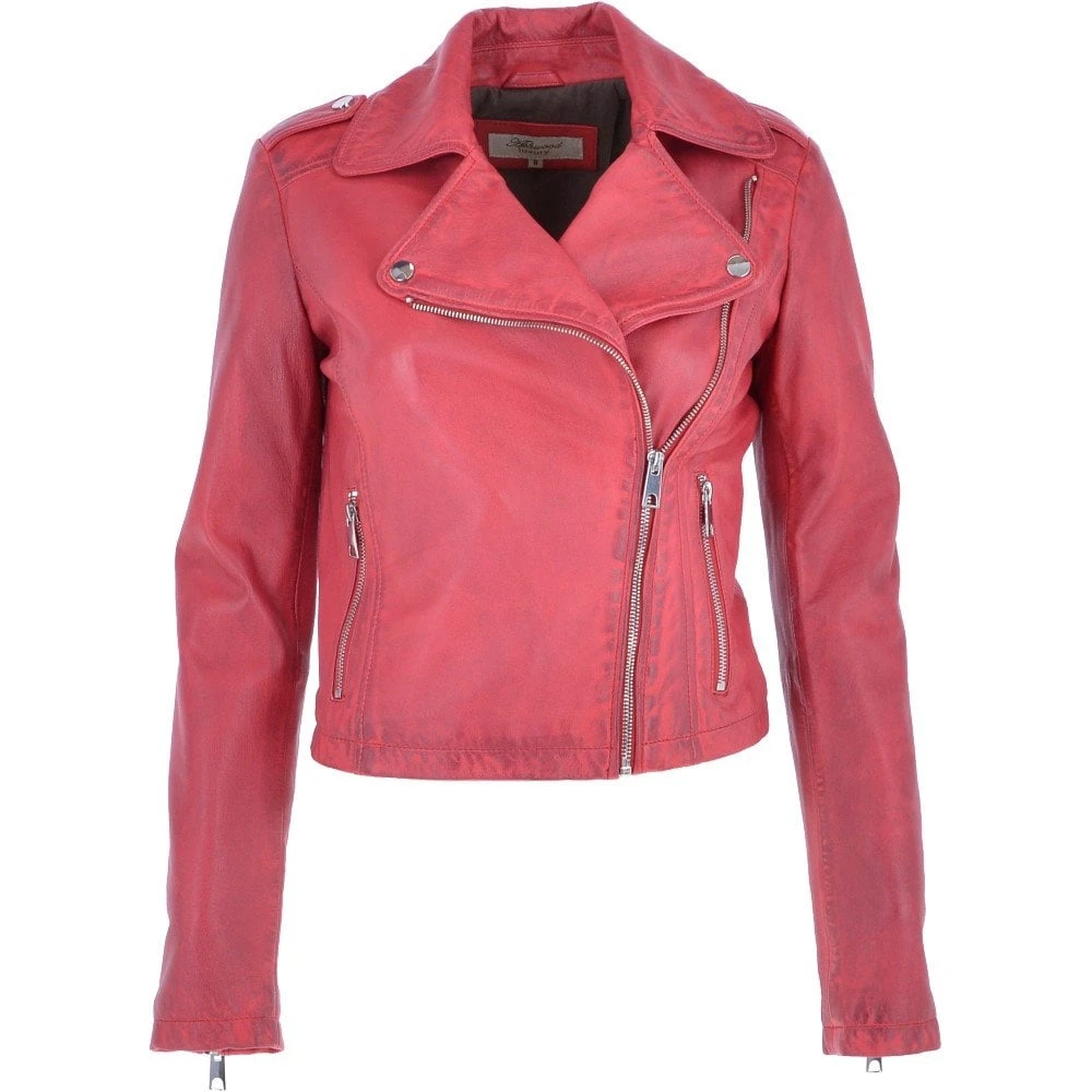 Short Leather Biker Jacket Raspberry : Brooklyn