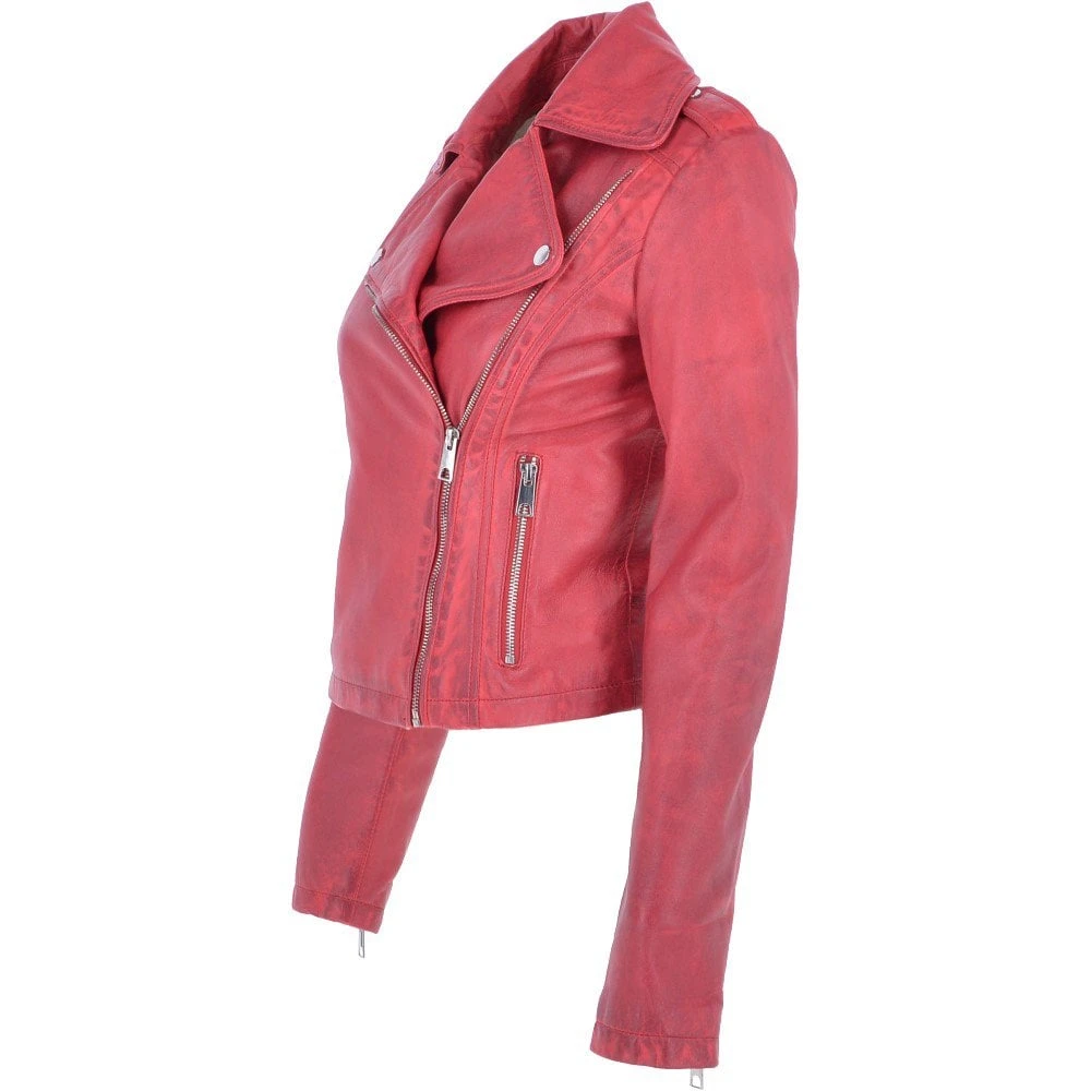 Short Leather Biker Jacket Raspberry : Brooklyn - Image 2