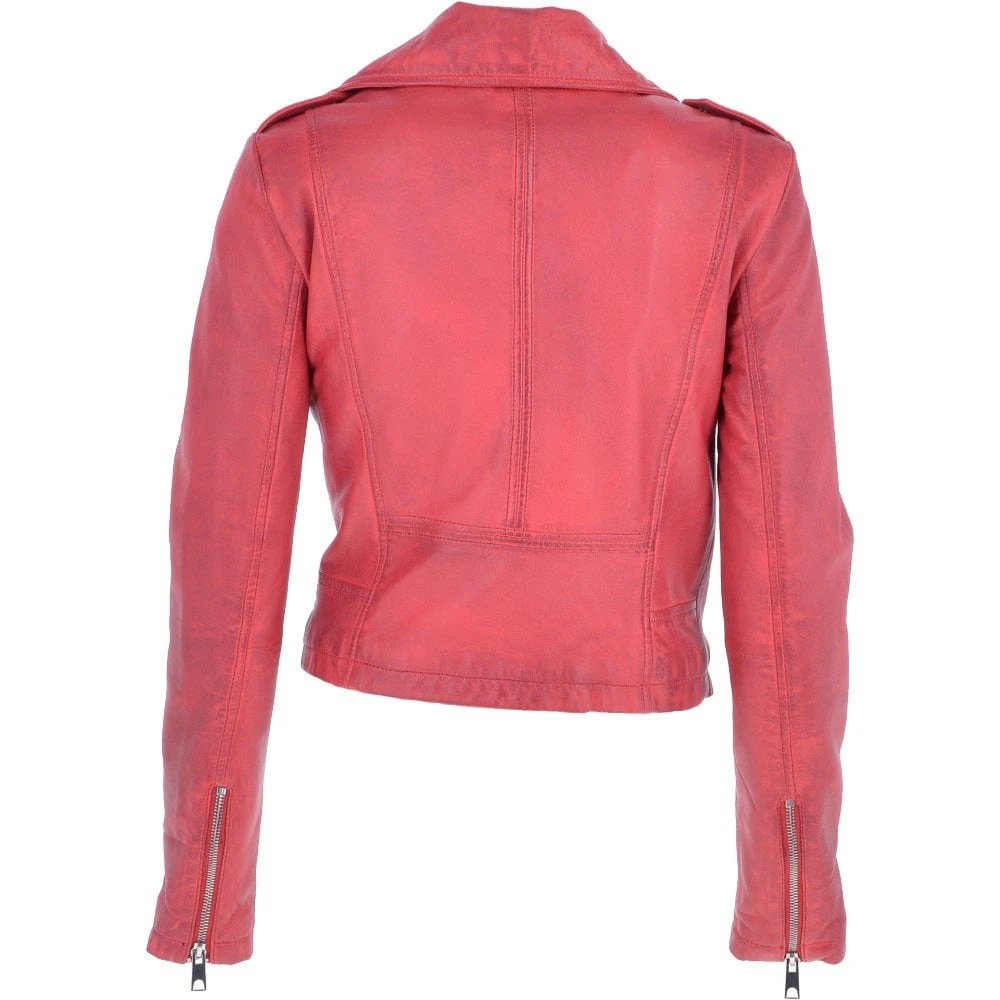 Short Leather Biker Jacket Raspberry : Brooklyn - Image 3