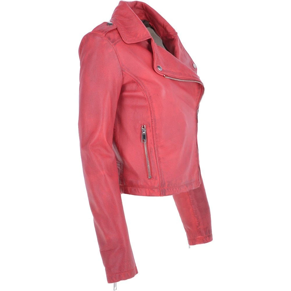 Short Leather Biker Jacket Raspberry : Brooklyn - Image 4