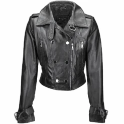 Short Vegetable Tanned Leather Biker Jacket Black : Sabine