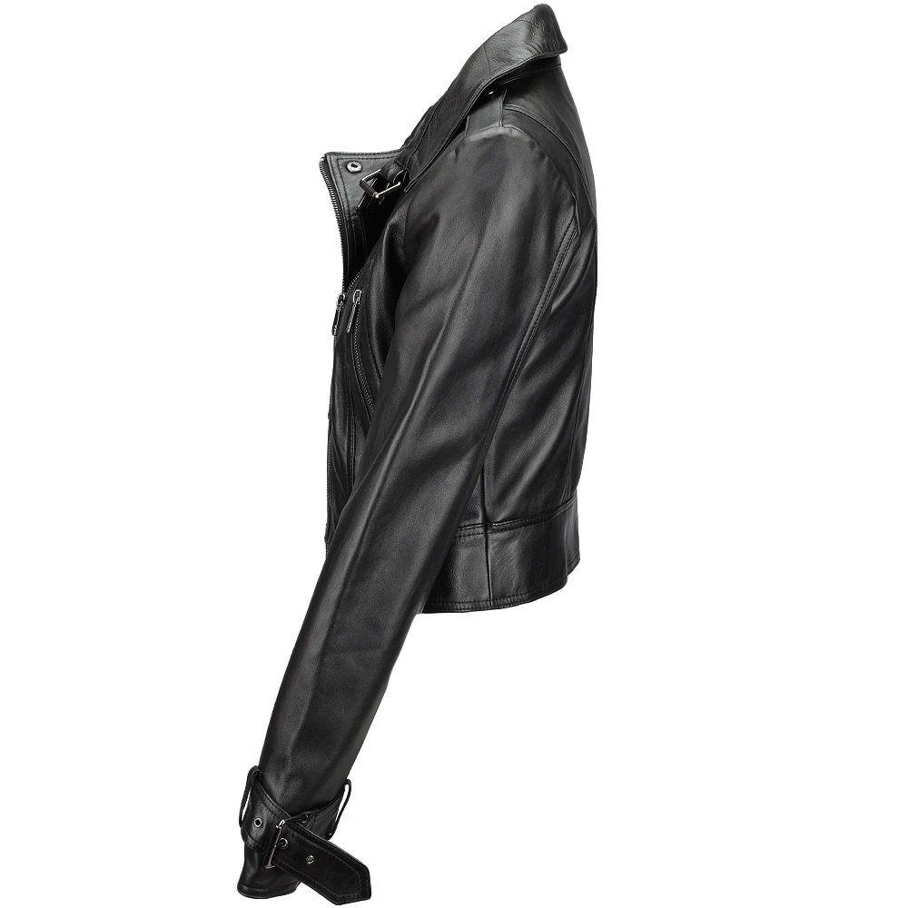 Short Vegetable Tanned Leather Biker Jacket Black : Sabine - Image 2