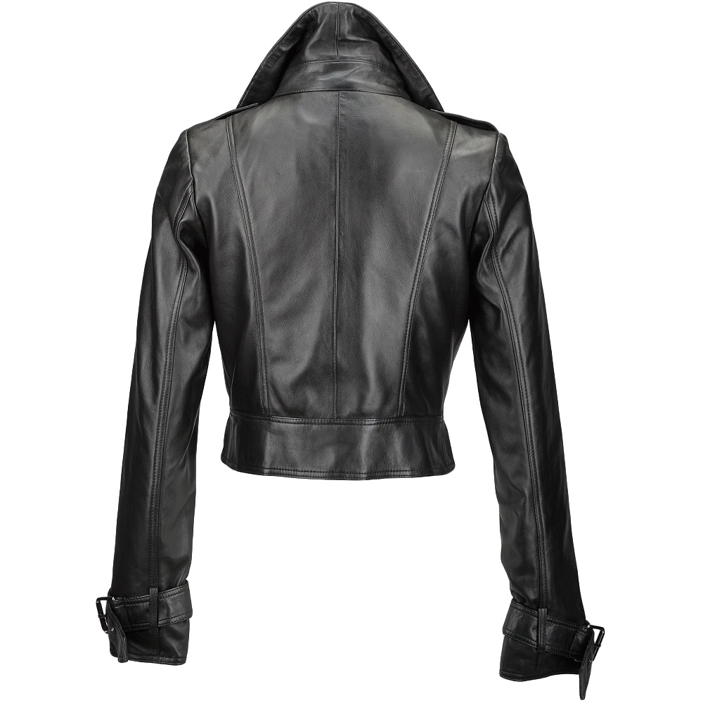 Short Vegetable Tanned Leather Biker Jacket Black : Sabine - Image 3