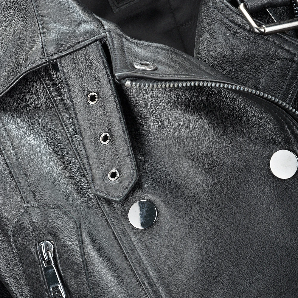 Short Vegetable Tanned Leather Biker Jacket Black : Sabine - Image 5