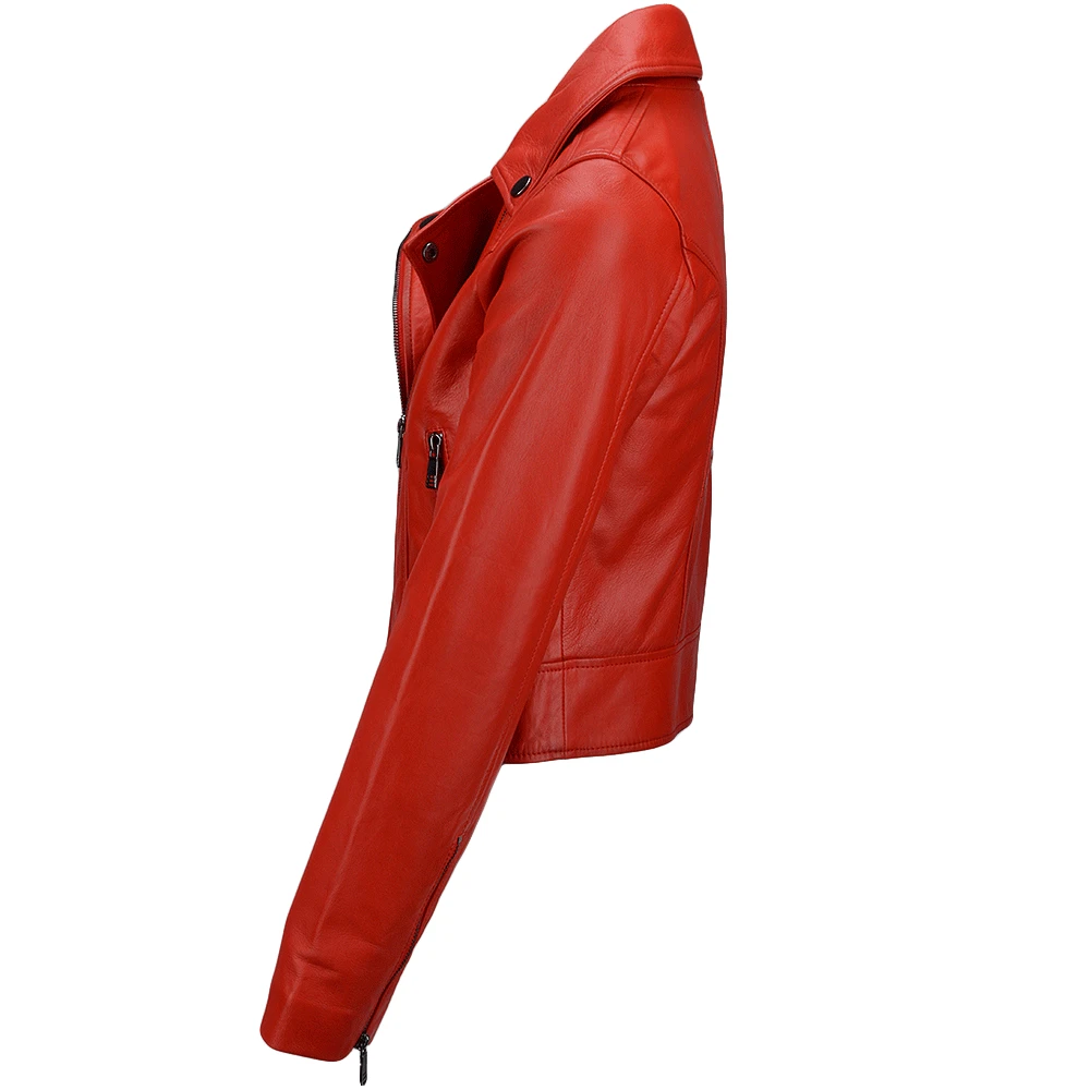 Short Vegetable Tanned Leather Biker Jacket Red : Jenner - Image 2