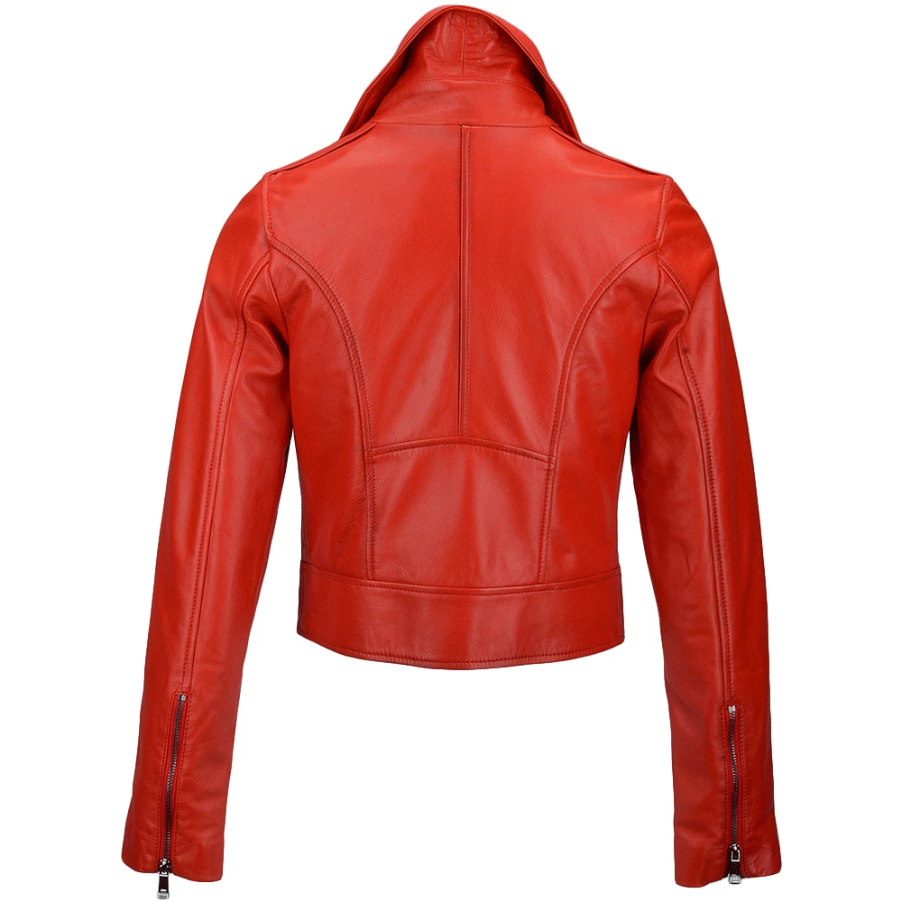 Short Vegetable Tanned Leather Biker Jacket Red : Jenner - Image 3