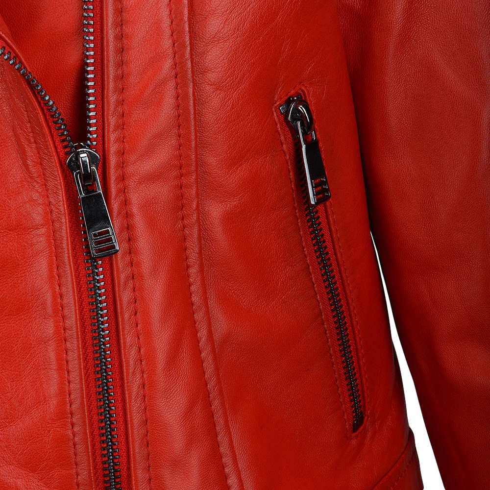 Short Vegetable Tanned Leather Biker Jacket Red : Jenner - Image 4