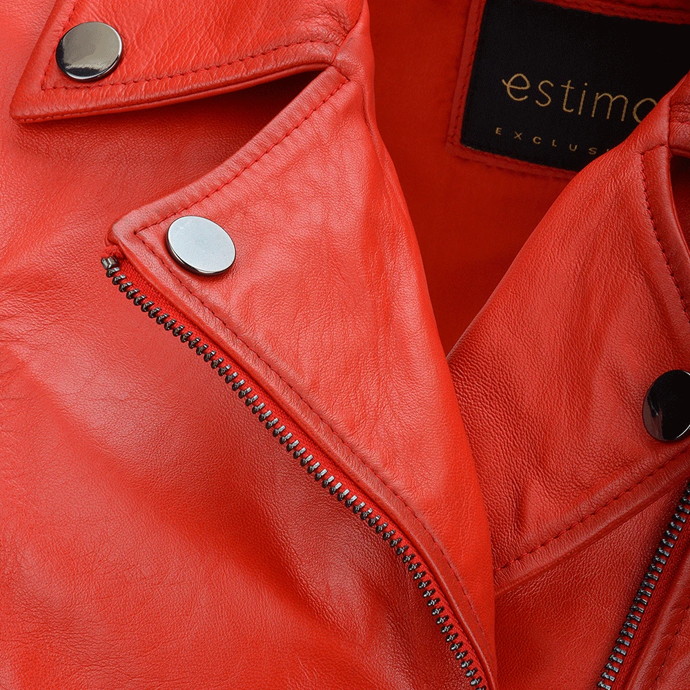 Short Vegetable Tanned Leather Biker Jacket Red : Jenner - Image 5