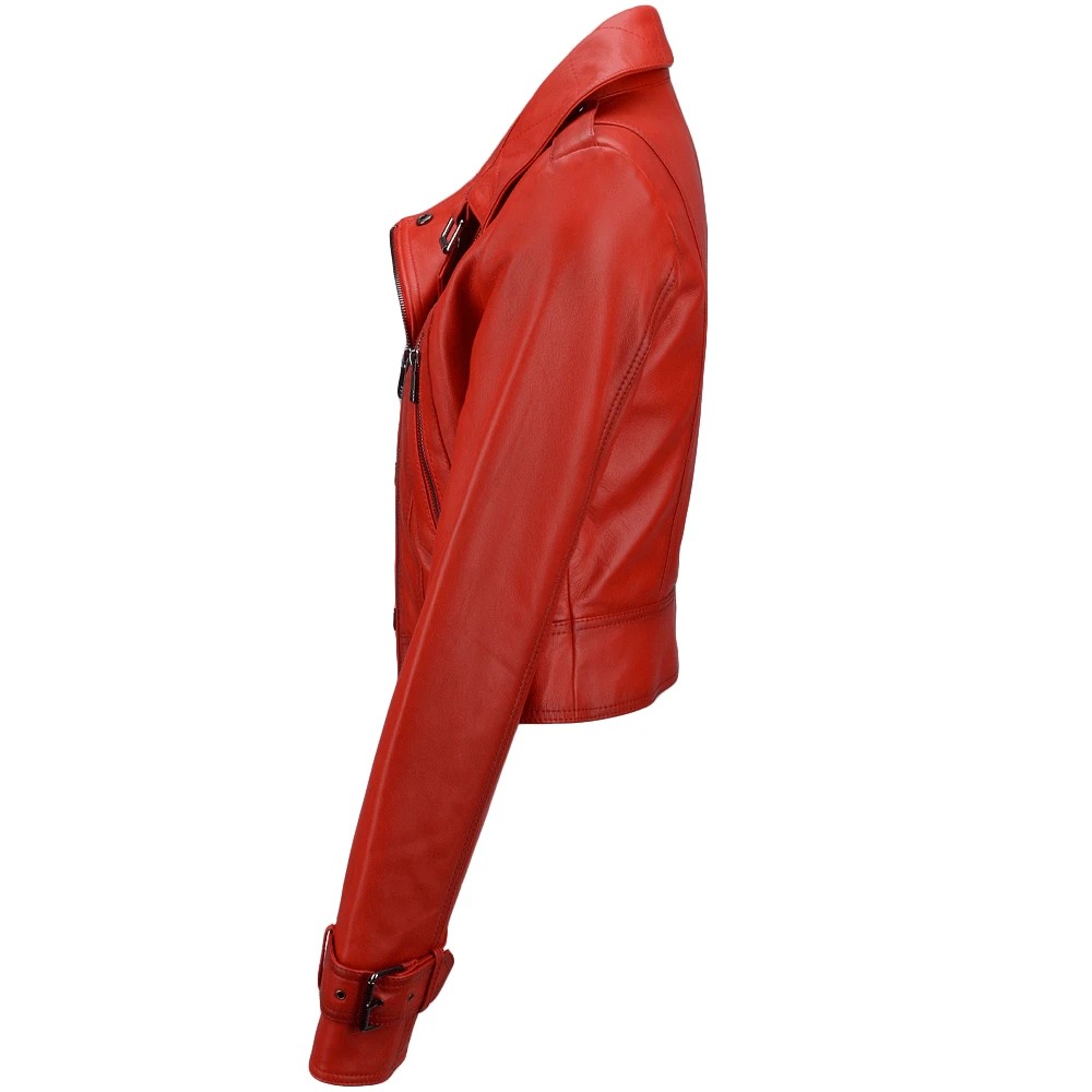Short Vegetable Tanned Leather Biker Jacket Red : Sabine - Image 2