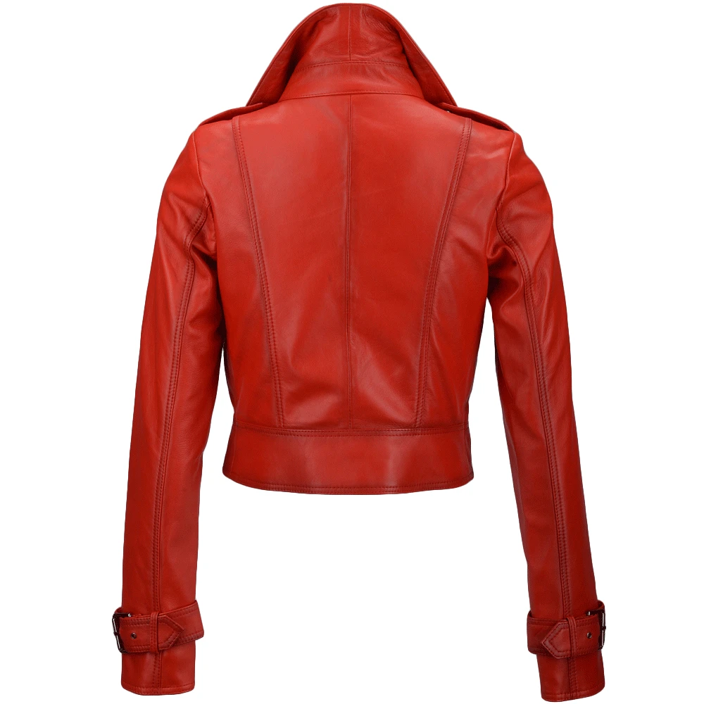 Short Vegetable Tanned Leather Biker Jacket Red : Sabine - Image 3