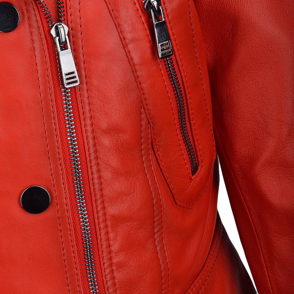 Short Vegetable Tanned Leather Biker Jacket Red : Sabine - Image 4