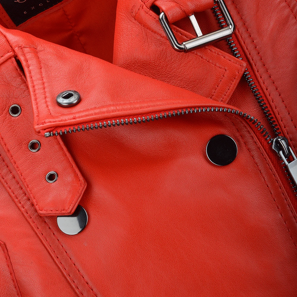 Short Vegetable Tanned Leather Biker Jacket Red : Sabine - Image 5