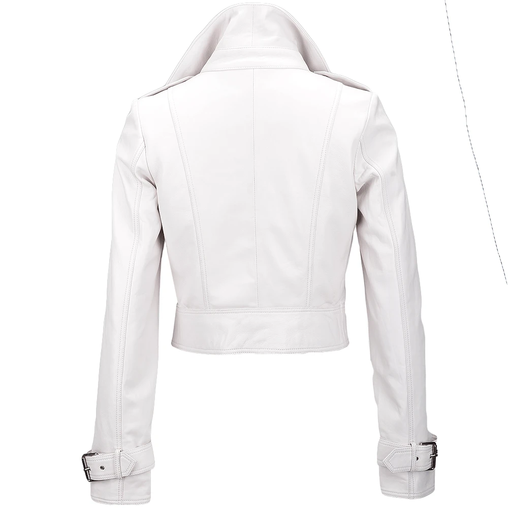 Short Vegetable Tanned Leather Biker Jacket White : Sabine - Image 3