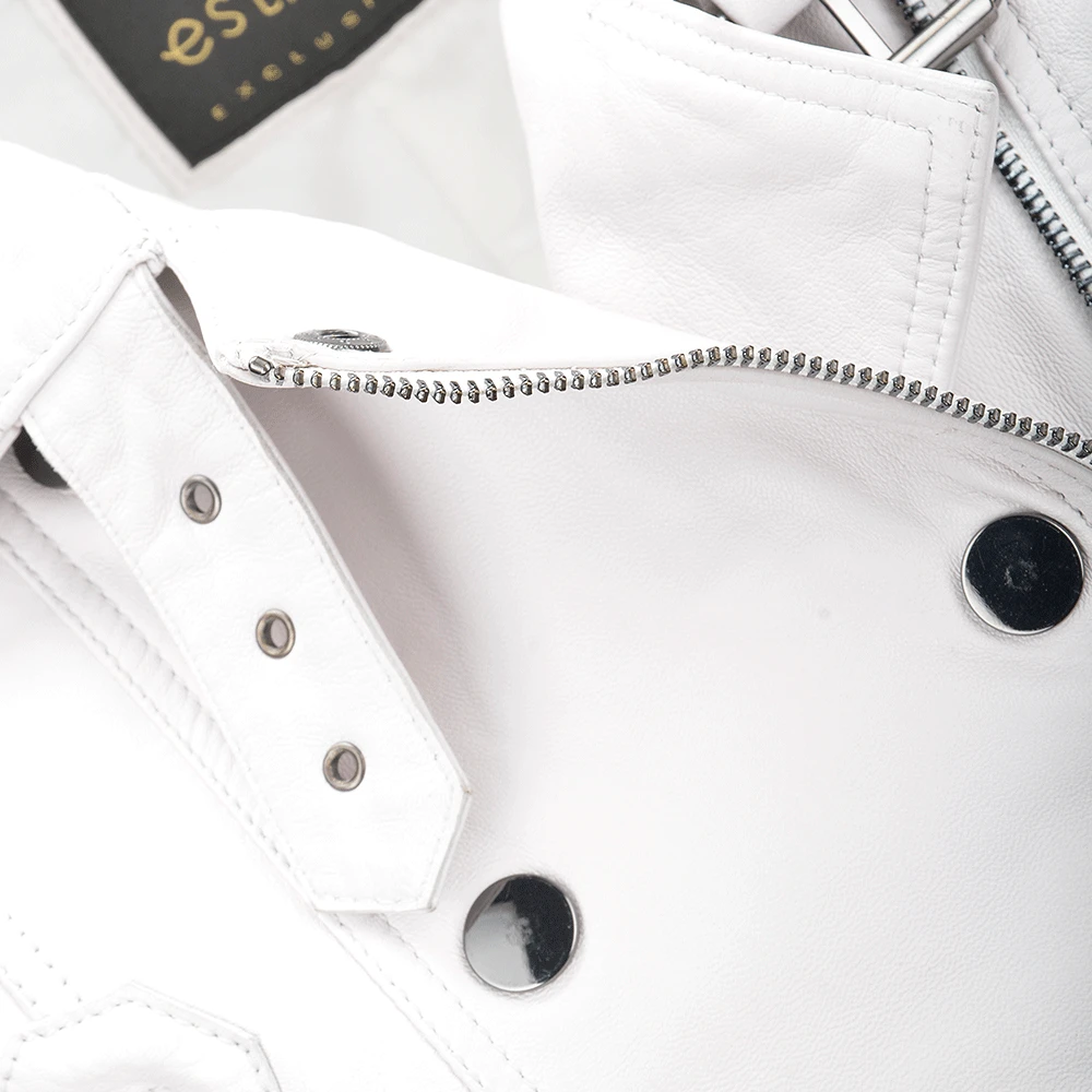 Short Vegetable Tanned Leather Biker Jacket White : Sabine - Image 5