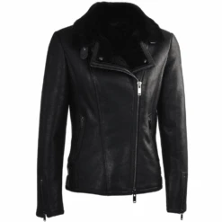 Side Zip Biker Sheepskin Pilot Jacket Black : Micaela