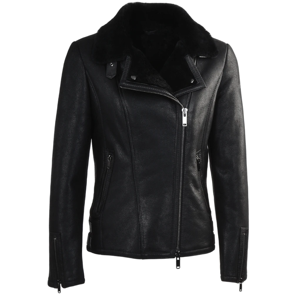 Side Zip Biker Sheepskin Pilot Jacket Black : Micaela