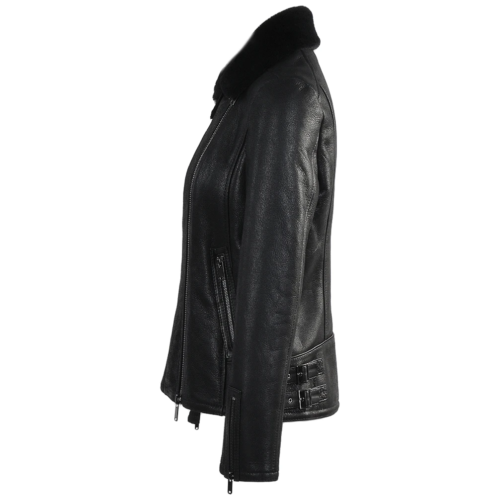 Side Zip Biker Sheepskin Pilot Jacket Black : Micaela - Image 2