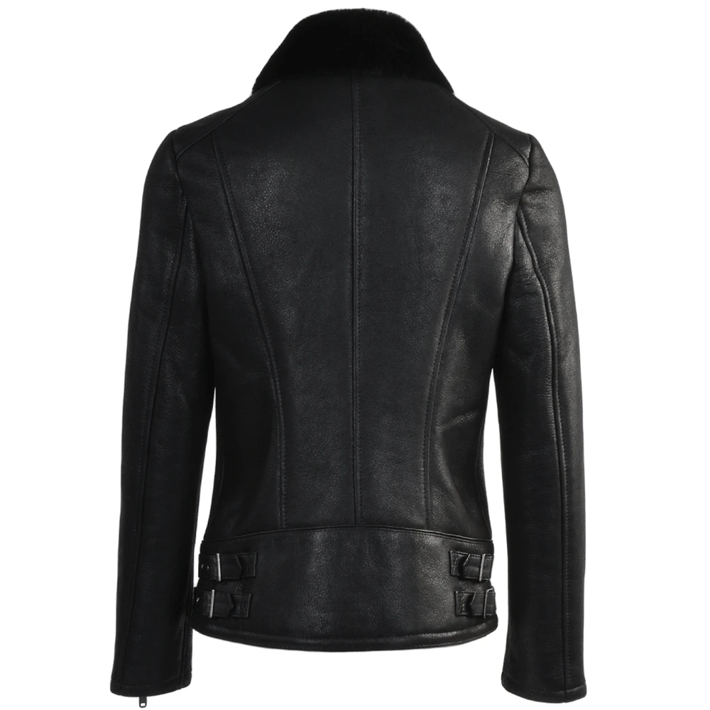 Side Zip Biker Sheepskin Pilot Jacket Black : Micaela - Image 3