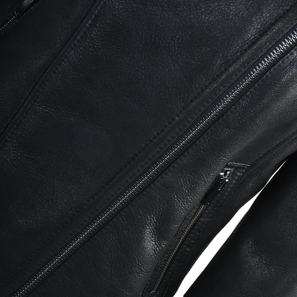 Side Zip Biker Sheepskin Pilot Jacket Black : Micaela - Image 4