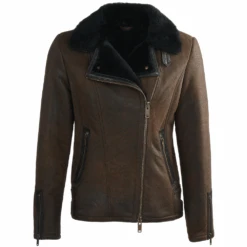 Side Zip Biker Sheepskin Pilot Jacket Taba Crack/blk : Micaela