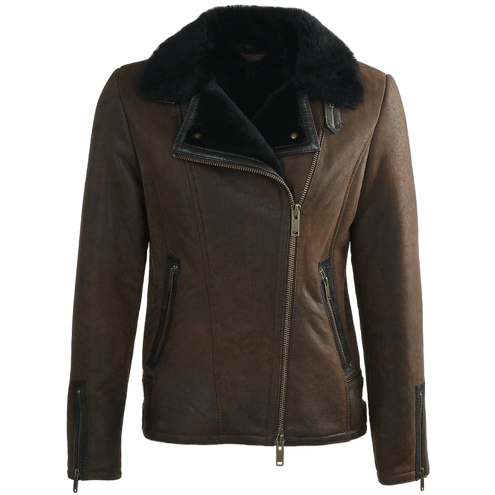 Side Zip Biker Sheepskin Pilot Jacket Taba Crack/blk : Micaela