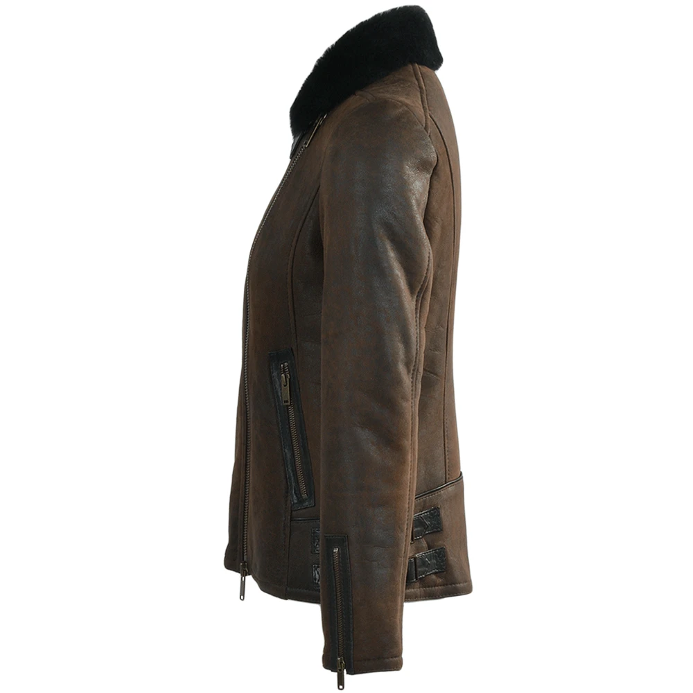 Side Zip Biker Sheepskin Pilot Jacket Taba Crack/blk : Micaela - Image 2