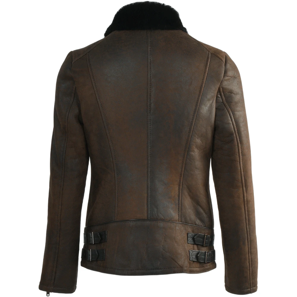 Side Zip Biker Sheepskin Pilot Jacket Taba Crack/blk : Micaela - Image 3
