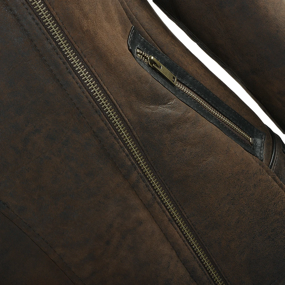 Side Zip Biker Sheepskin Pilot Jacket Taba Crack/blk : Micaela - Image 4