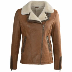 Side Zip Biker Sheepskin Pilot Jacket Whiskey/cream: Micaela