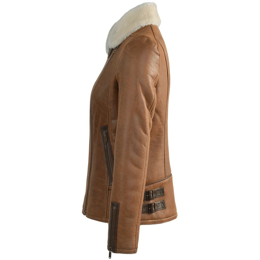 Side Zip Biker Sheepskin Pilot Jacket Whiskey/cream: Micaela - Image 2