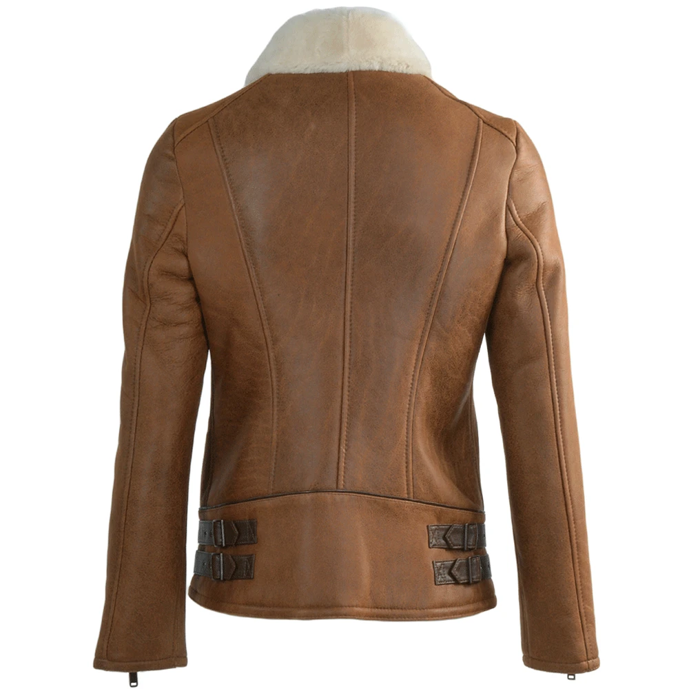 Side Zip Biker Sheepskin Pilot Jacket Whiskey/cream: Micaela - Image 3