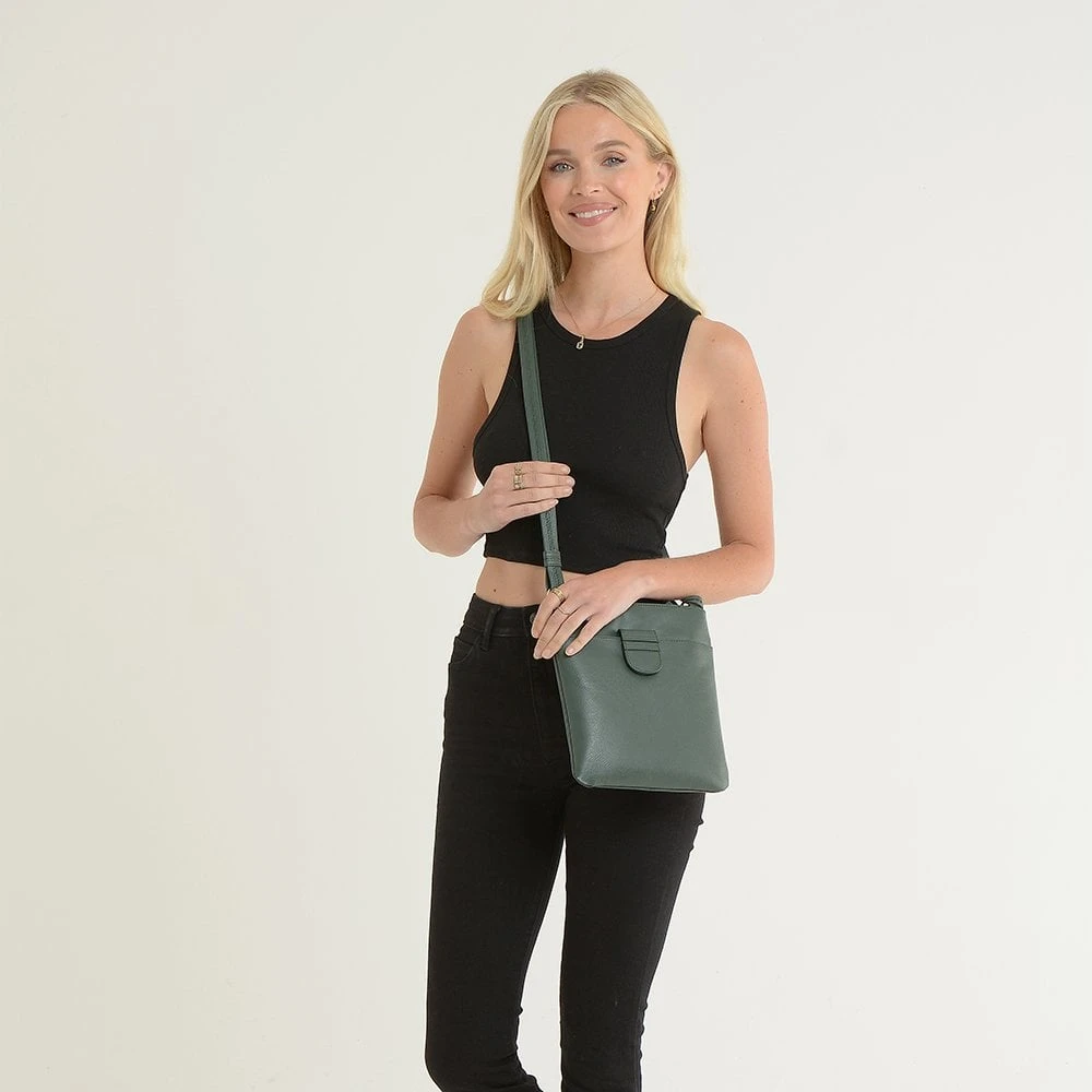 Tab Small Zip Top Leather Cross Body Bag Bottle Green - Image 2