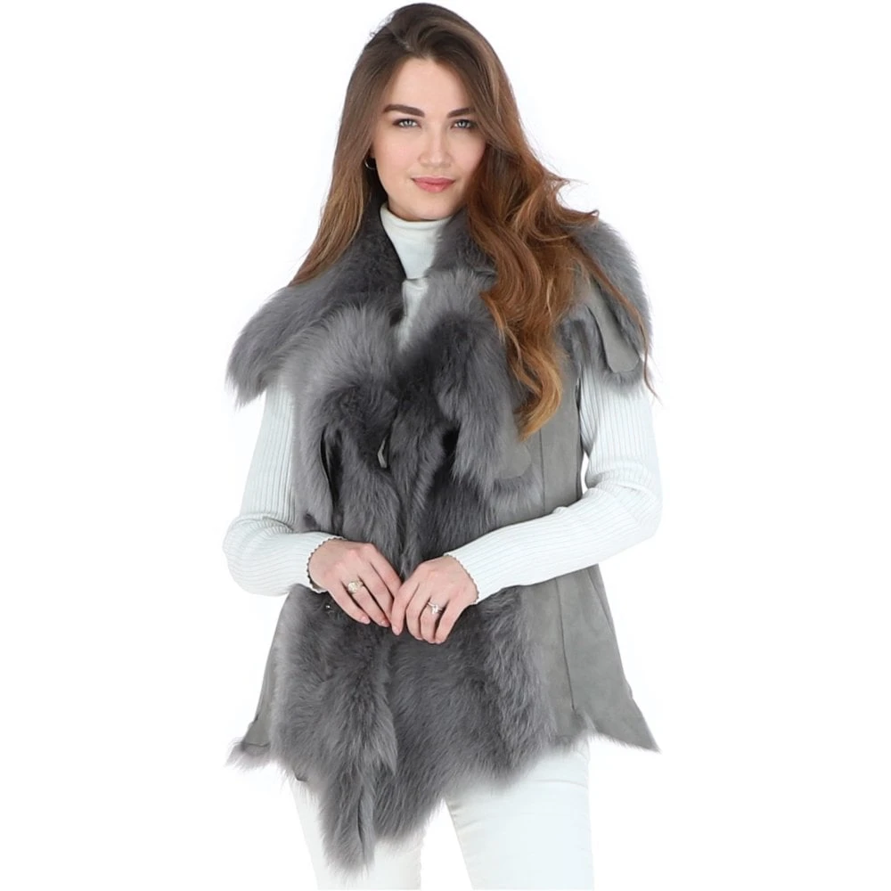 Toscana Double Collar Suede Leather Gilet Mineral Grey: Pegasus - Image 2