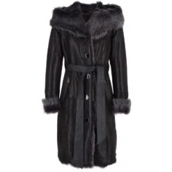 Toscana Longhaired Hood And Belted Shearling Coat Black/ Brissa : Cammi