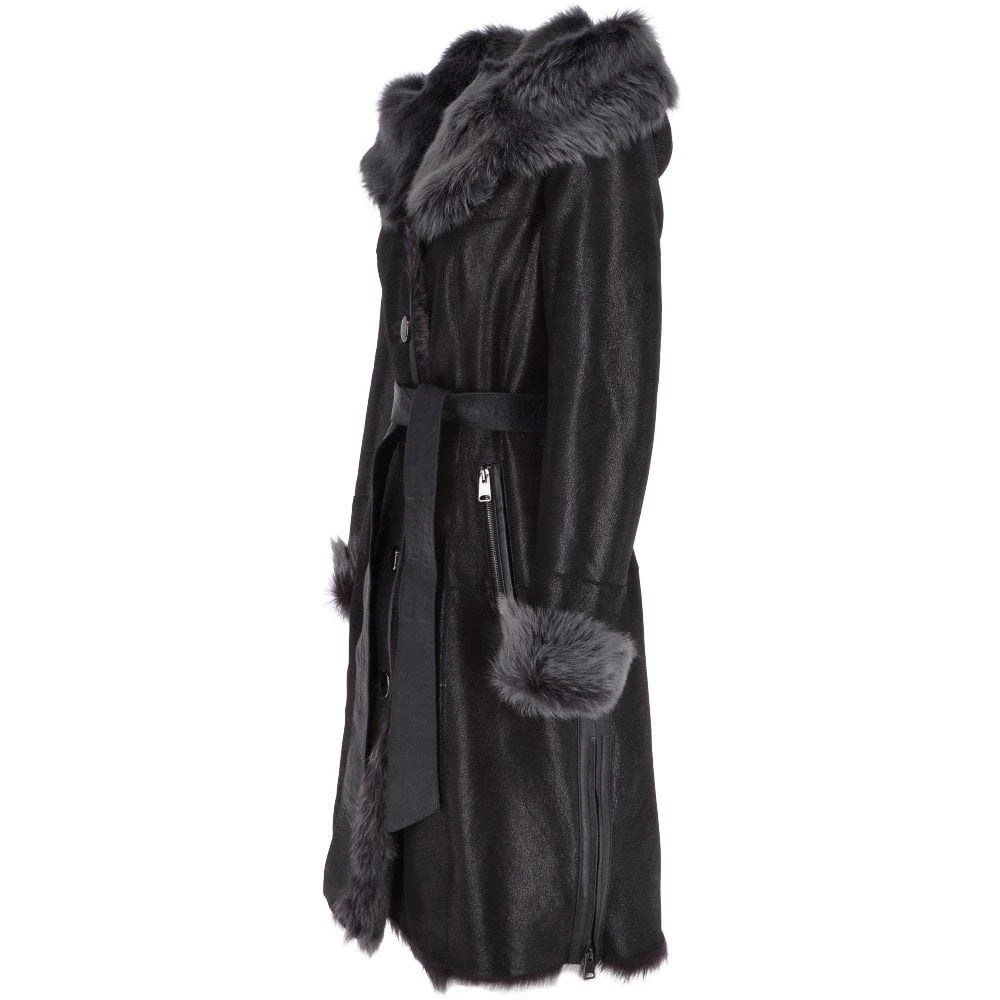Toscana Longhaired Hood And Belted Shearling Coat Black/ Brissa : Cammi - Image 2