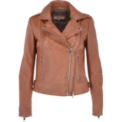 Twin Zip Fastening Leather Jacket Cognac : Ciara