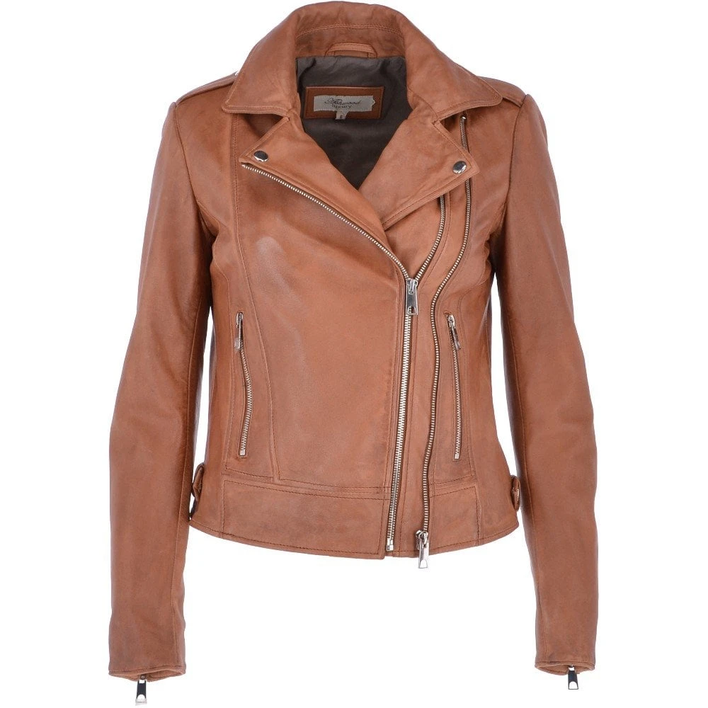 Twin Zip Fastening Leather Jacket Cognac : Ciara