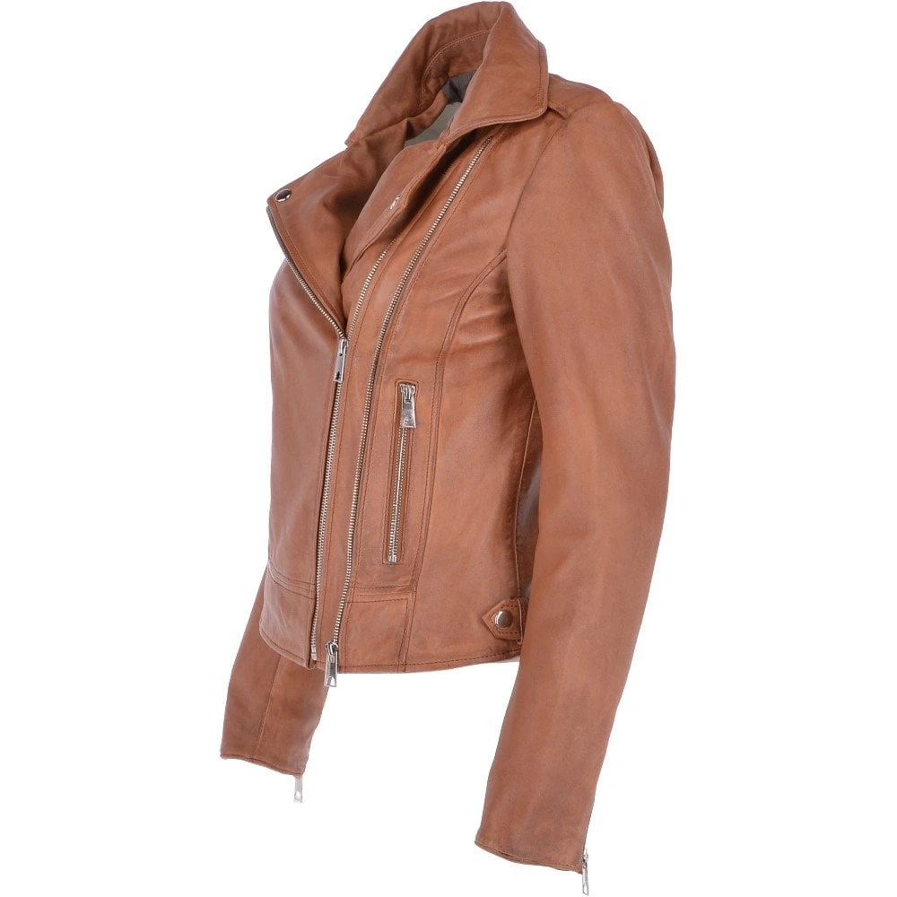 Twin Zip Fastening Leather Jacket Cognac : Ciara - Image 2