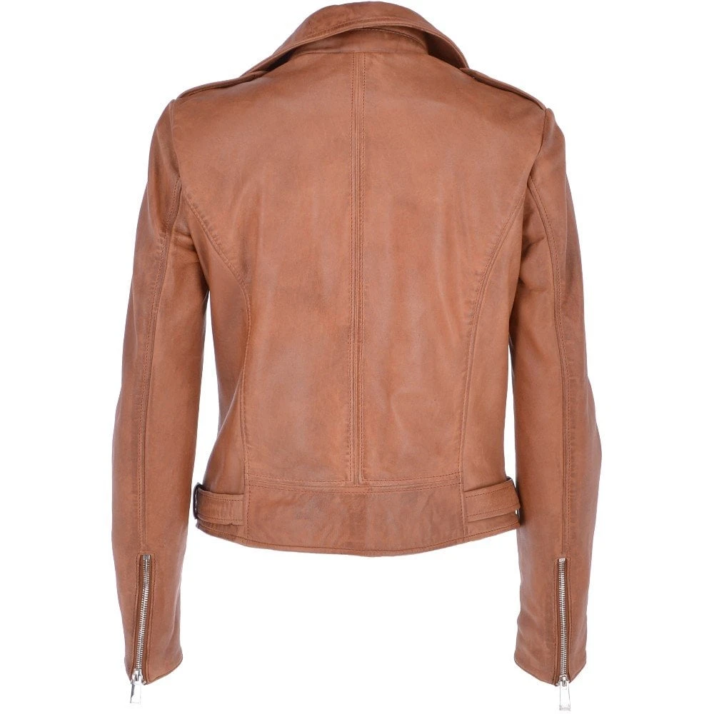 Twin Zip Fastening Leather Jacket Cognac : Ciara - Image 3