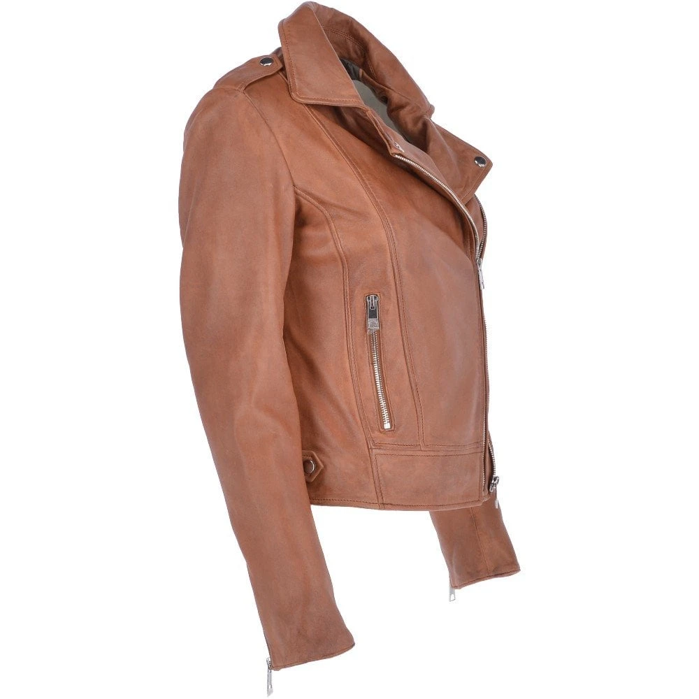 Twin Zip Fastening Leather Jacket Cognac : Ciara - Image 4