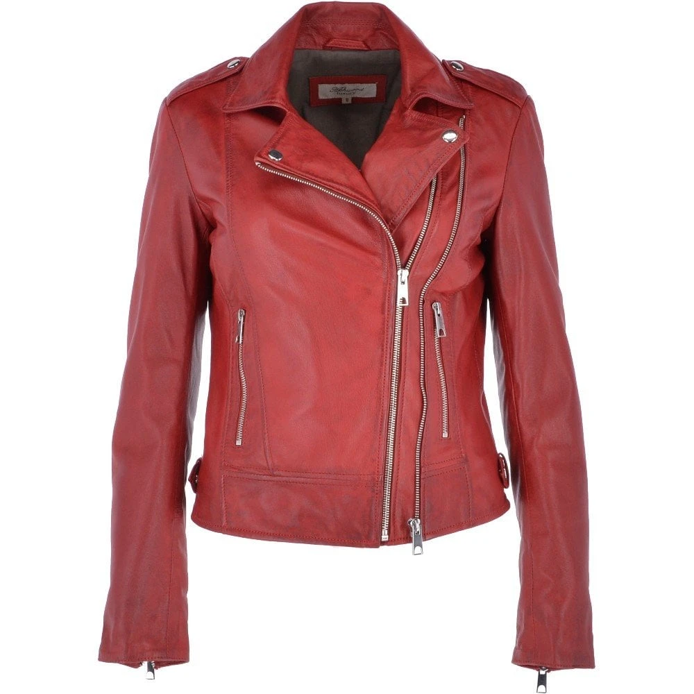 Twin Zip Fastening Leather Jacket Red : Ciara
