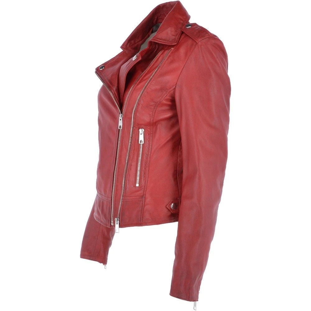 Twin Zip Fastening Leather Jacket Red : Ciara - Image 2