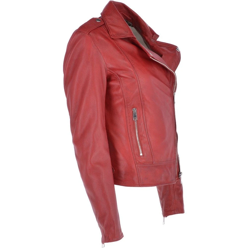 Twin Zip Fastening Leather Jacket Red : Ciara - Image 4