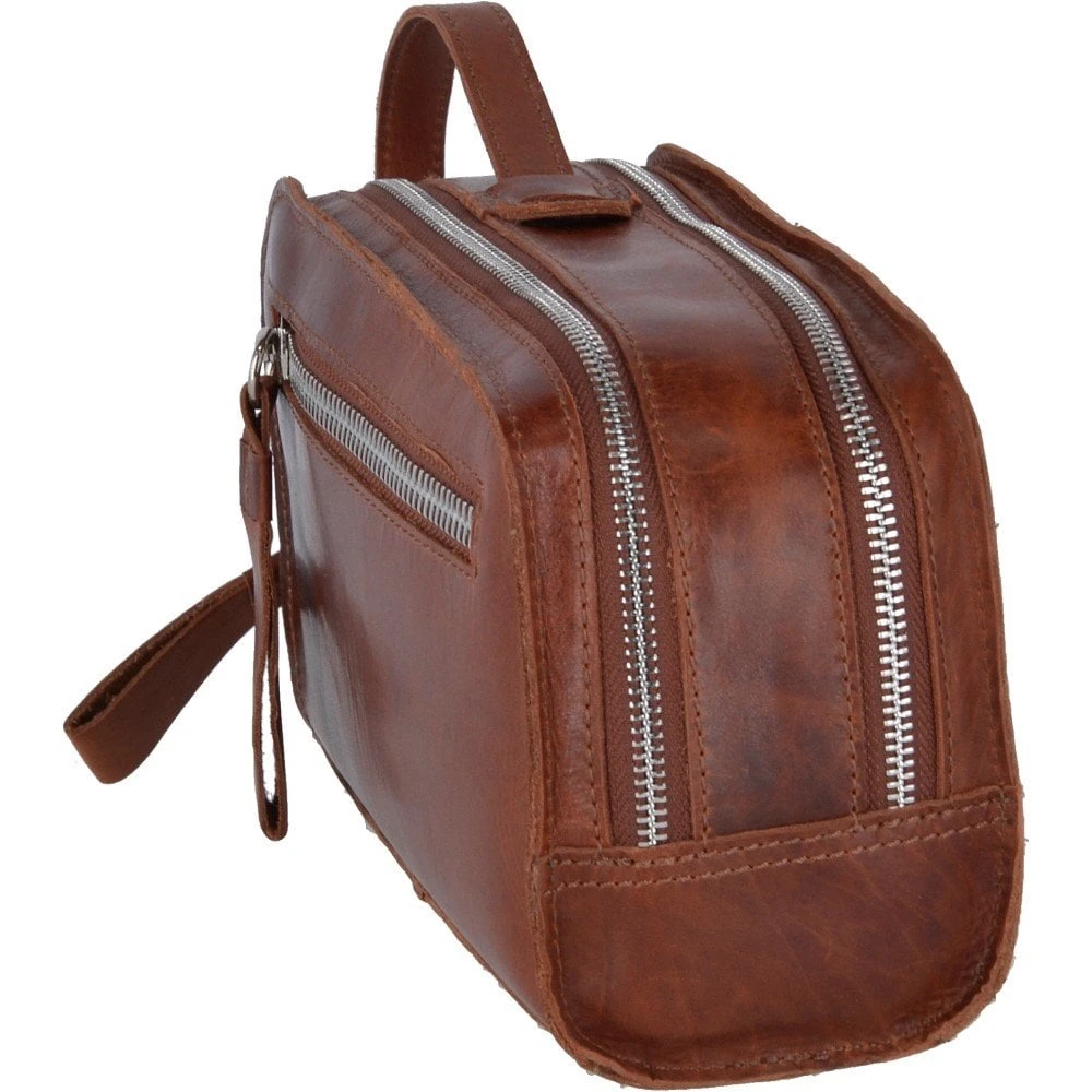 Two Section Oily Hunter Leather Wash Bag Tan : 1667 - Image 2