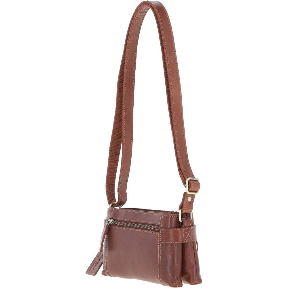 Two Section Zip Top Leather Crossbody Bag Chestnut: K-44 - Image 3
