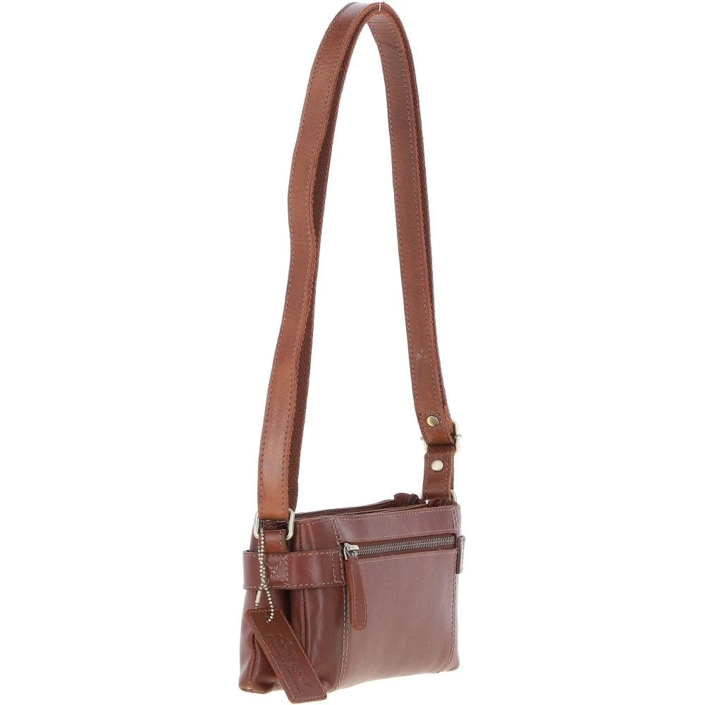 Two Section Zip Top Leather Crossbody Bag Chestnut: K-44 - Image 5